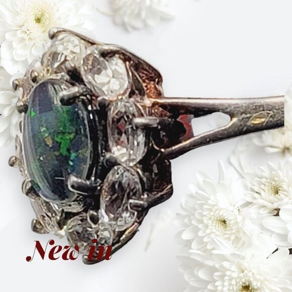 NWOT Sterling Silver Black Fire Opal Ring With Cluster Topaz Jewelry Gift - Picture 9 of 14